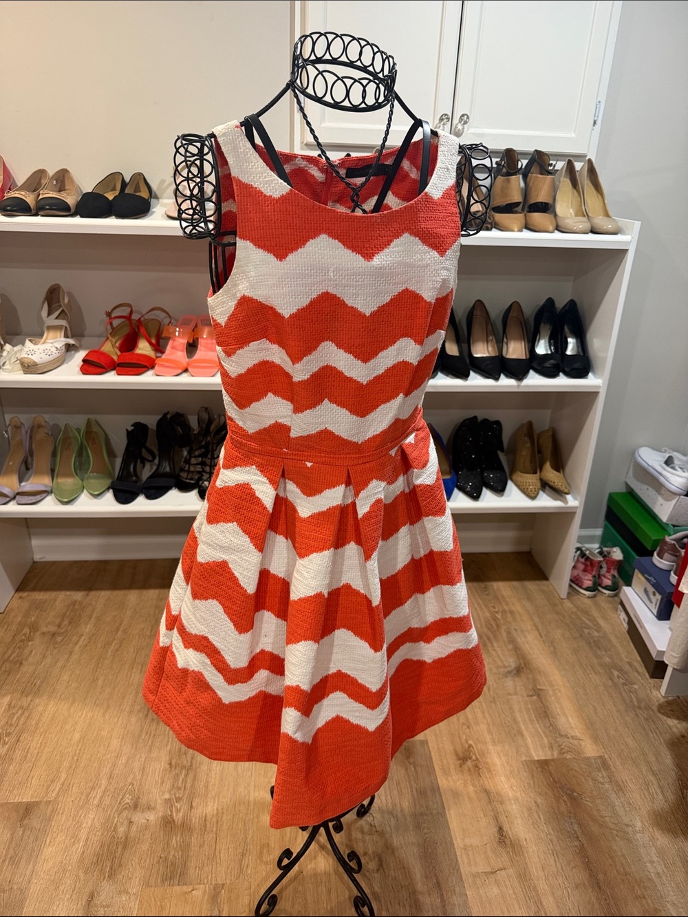 The Limited Orange and White Chevron Fit-and-Flare Midi Dress with pockets!